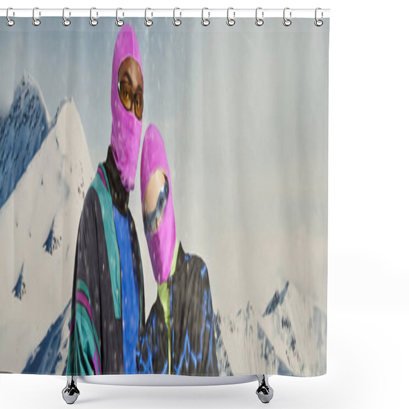 Personality  Stylish Multicultural Couple In Warm Bold Clothing And Pink Balaclavas, Winter Concept, Banner Shower Curtains