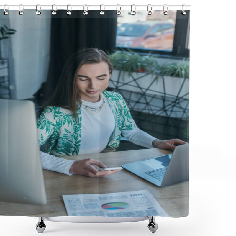 Personality  Queer Designer Using Smartphone Near Devices And Paper In Office  Shower Curtains