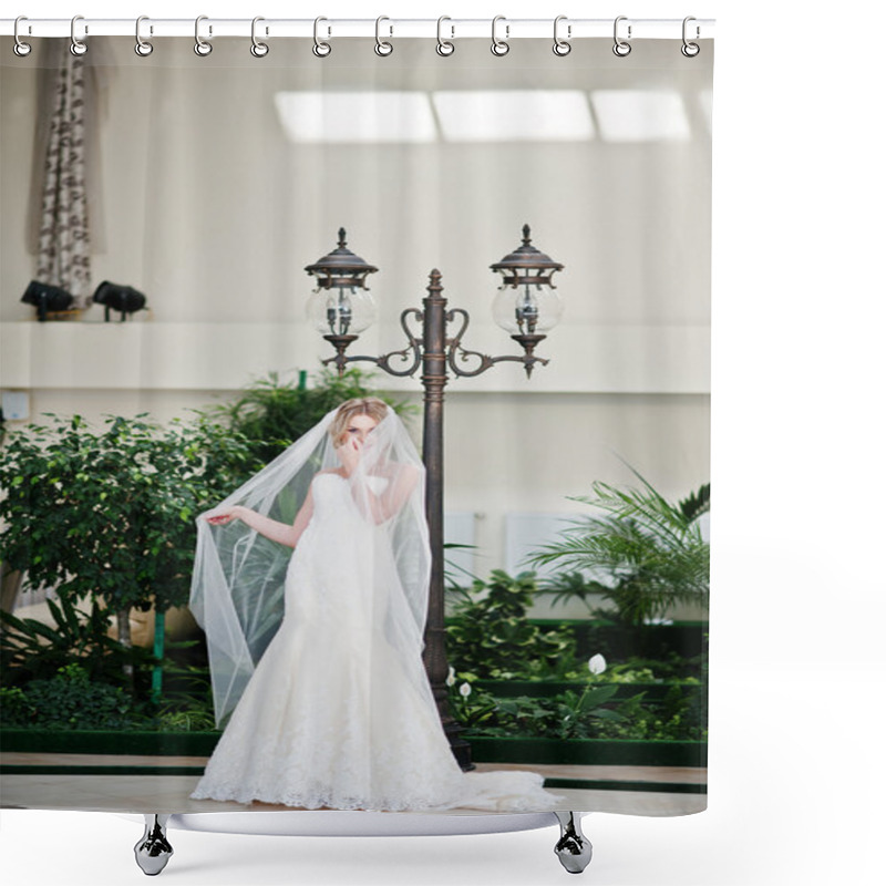 Personality  Gorgeous Blonde Bride With Long Veil Posed At Great Awesome Wedd Shower Curtains