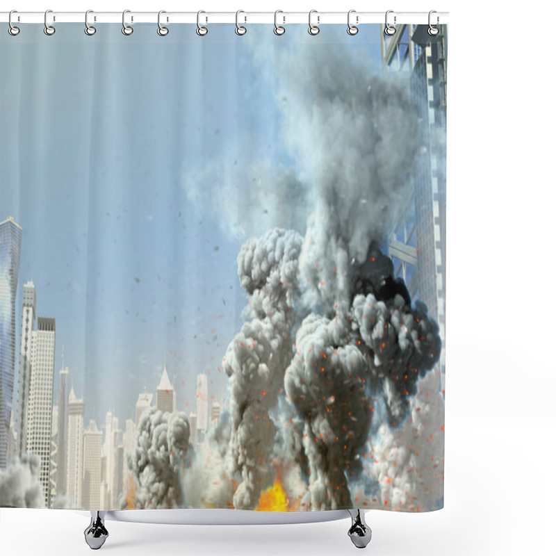 Personality  Large Smoke Pillar And Fire In Abstract City, Concept Of Industrial Accident Or Act Of Terror On Blue Sky Background, - Industrial 3D Illustration Shower Curtains