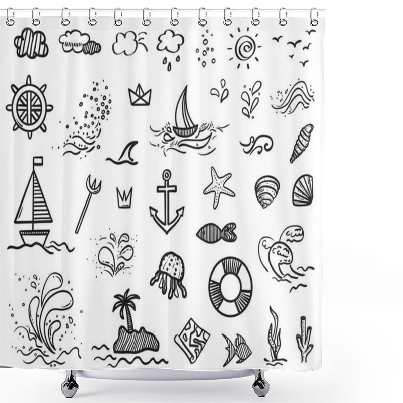 Personality  Hand Drawn Holiday Elements On Isolated Background. Sketchy Doodles On White. Summer Holidays. Signs And Symbols. Black And White Illustration Shower Curtains