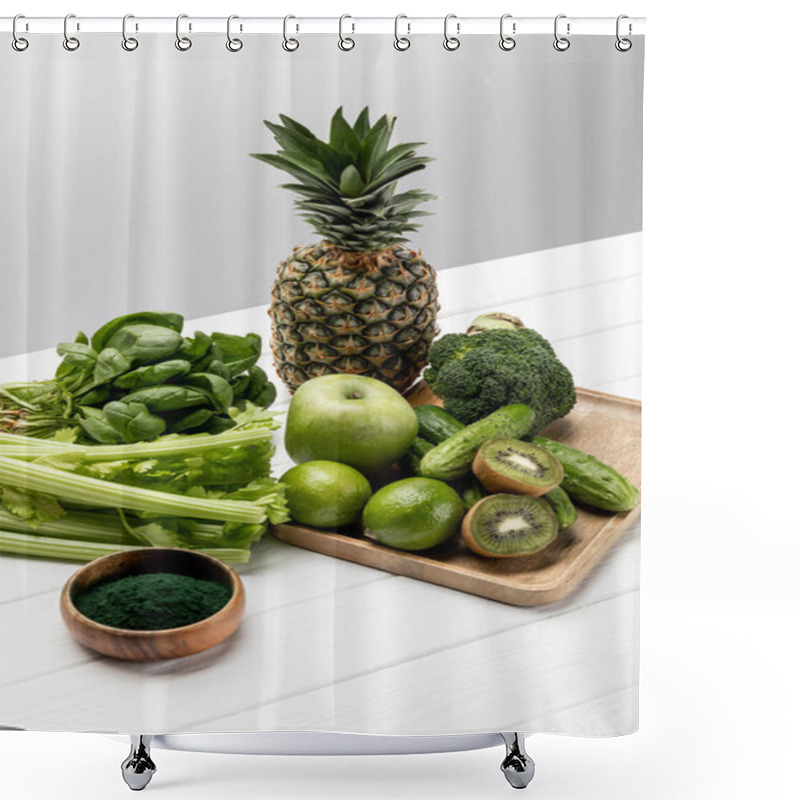 Personality  Tasty Fresh Fruits Near Organic And Raw Vegetables On Grey  Shower Curtains