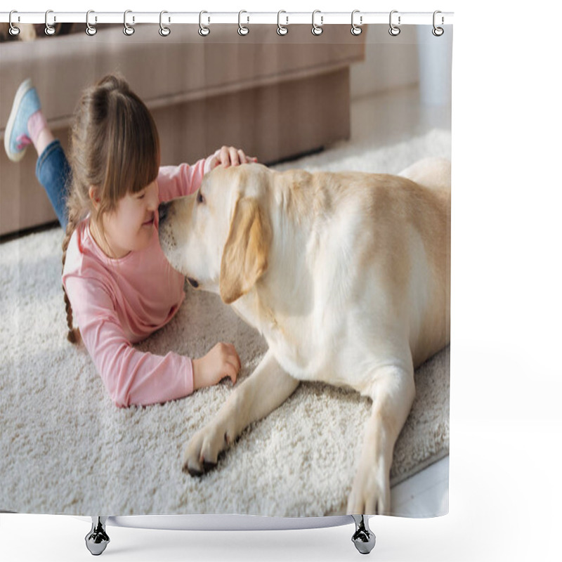 Personality  Kid With Down Syndrome And Labrador Retriever Touching Noses Shower Curtains