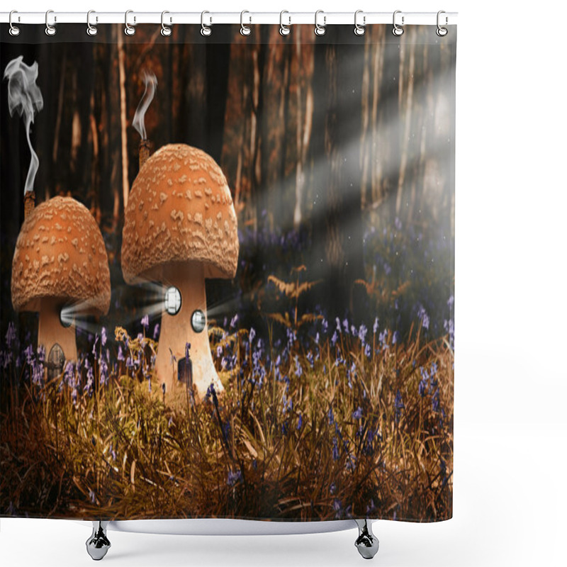 Personality  Fantasy Image Of Toadstool Houses In Bluebell Woods Shower Curtains