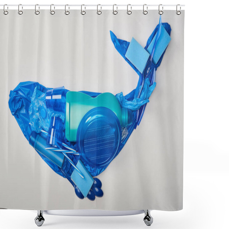 Personality  Top View Of Whale Made From Disposable Plastic Tableware, Bag, Bottle, Sponges And Rubber Gloves Isolated On White Shower Curtains