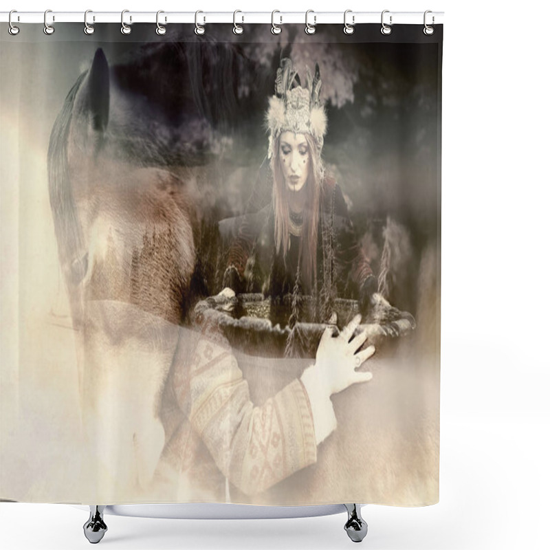 Personality  Woman Hugging A Horse And Shaman Looks Into The Well. Shower Curtains