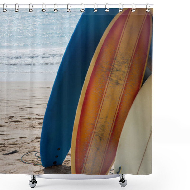 Personality  Surfboards Standing In Row On Beach Shower Curtains