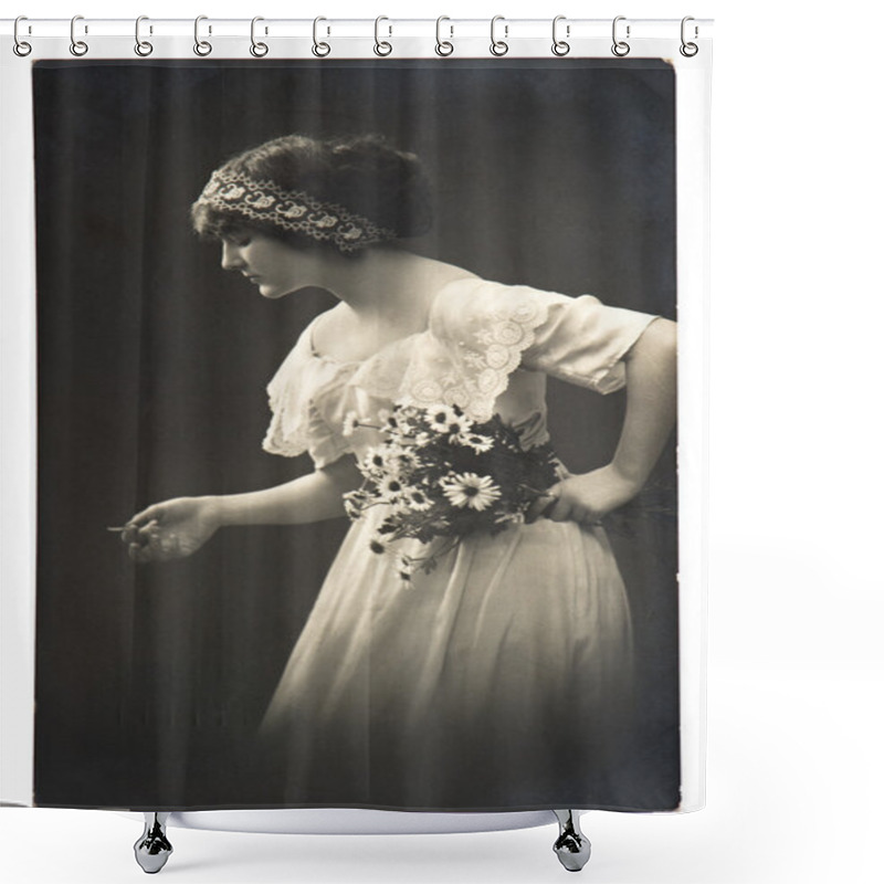 Personality  Young Woman Posing With Daisy Flowers Shower Curtains