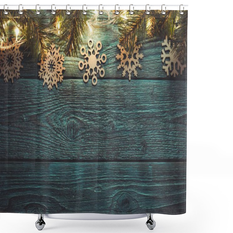 Personality  Photo Of Blue Wooden Surface With Burning New Year Garland, Snowflakes, Spruce Branches Shower Curtains