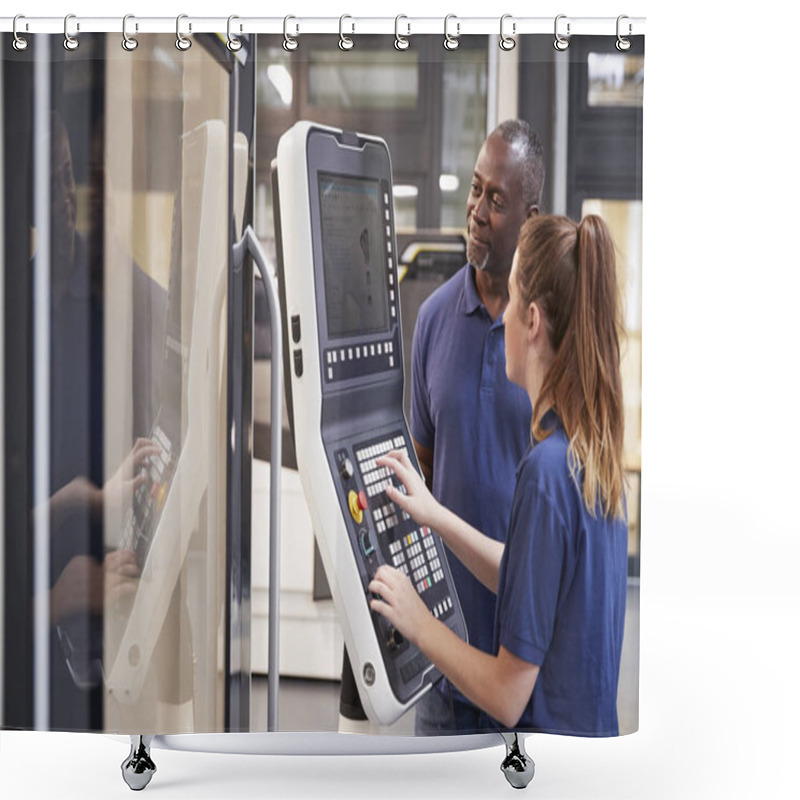 Personality  Engineer Showing Apprentices How To Use CNC Tool  Shower Curtains