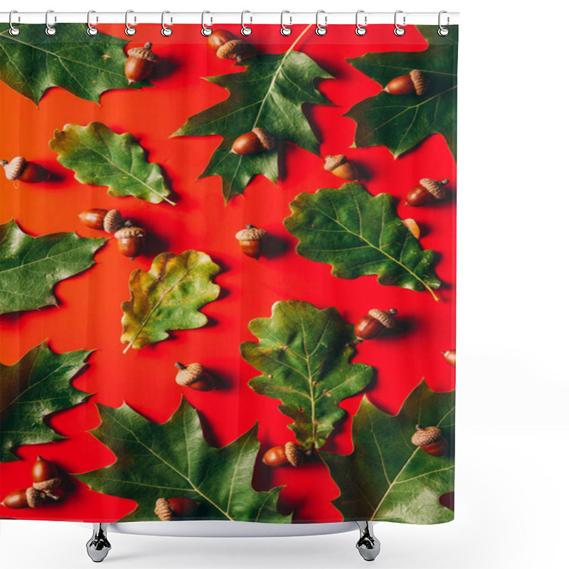 Personality  Full Frame Of Green Oak Leaves And Acorns Arrangement On Red Background Shower Curtains