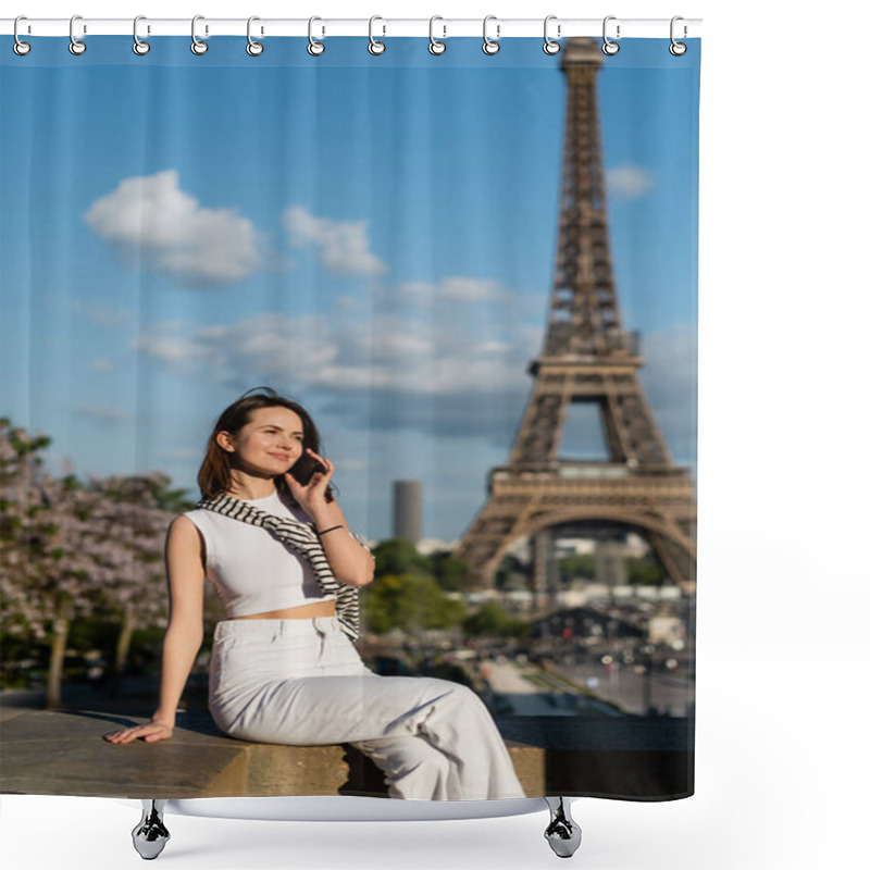 Personality  Smiling Young Woman In Stylish Outfit Talking On Smartphone While Sitting Near Eiffel Tower In Paris  Shower Curtains