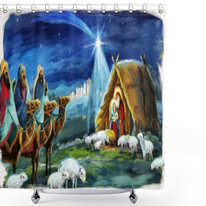 Personality  Traditional Christmas Scene With Holy Family Three Kings And Animals For Different Usage Shower Curtains