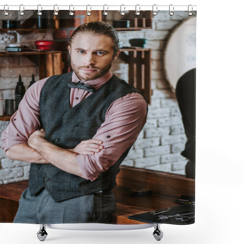 Personality  Serious Barber Standing With Crossed Arms Near Scissors In Barbershop  Shower Curtains