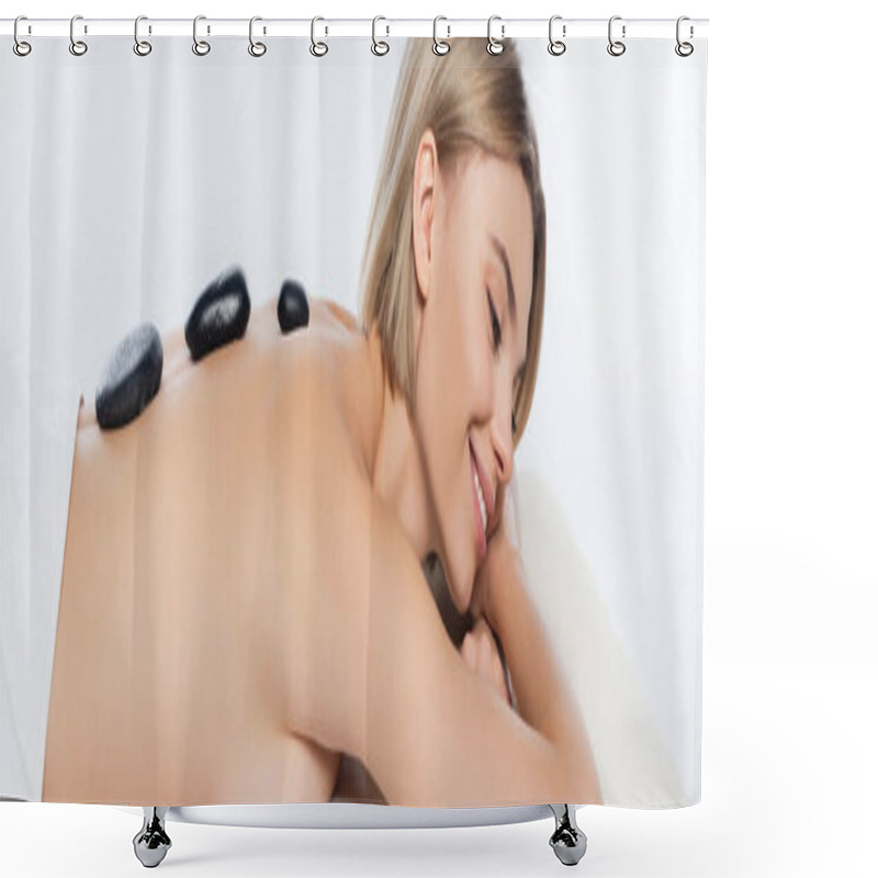 Personality  Pleased Young Woman Receiving Hot Stone Massage Isolated On White, Banner Shower Curtains