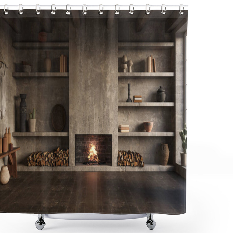 Personality  Wabi Sabi Living Room Interior. Interior Mockup, 3d Render Shower Curtains