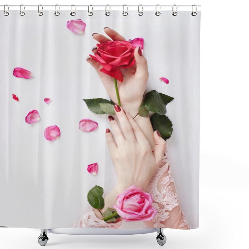 Personality  Fashion Art Portrait Woman In Summer Dress And Flowers In Her Hand With A Bright Contrasting Makeup. Creative Beauty Photo Girls Sitting At Table On A Contrasting Pink Background With Colored Shadows. Shower Curtains