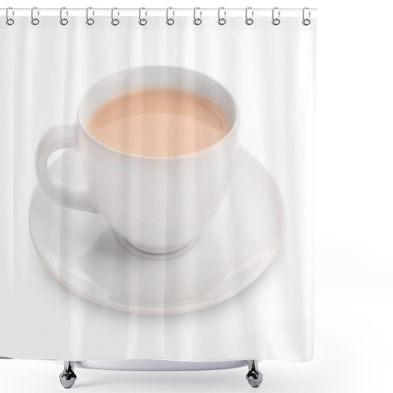 Personality  Cup Of Aromatic Tea With Milk On White Background Shower Curtains