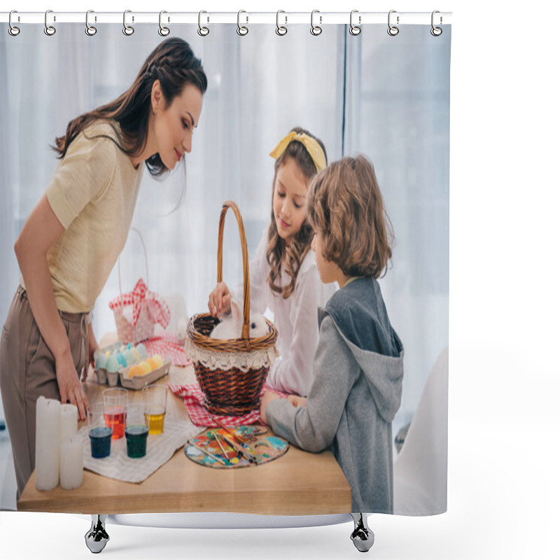 Personality  Kids And Mother Playing With Easter Rabbit At Home On Table Shower Curtains