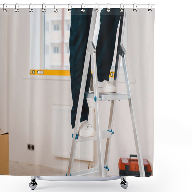 Personality  Cropped View Of Man Standing On Ladder In Room Shower Curtains