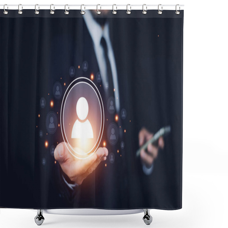 Personality  Businesspeople Touching On Screen To Target Customer. Target Customer, Buyer Persona, Customer Behavior Concept. Marketing Plan And Strategies. Personalization Marketing, Customer Centric Strategies. Shower Curtains