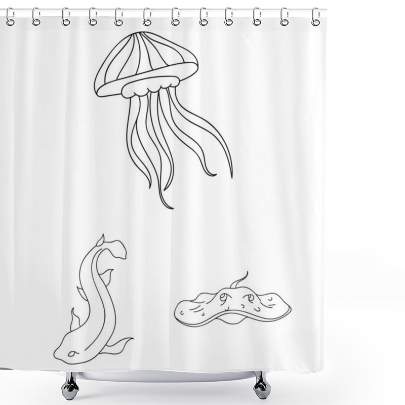 Personality  A Variety Of Marine Animals Outline Icons In Set Collection For Design. Fish And Shellfish Vector Symbol Stock Web Illustration. Shower Curtains