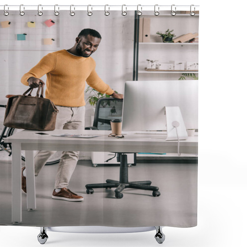 Personality  Smiling Handsome African American Designer In Orange Sweater Holding Briefcase And Looking At Computer In Office Shower Curtains