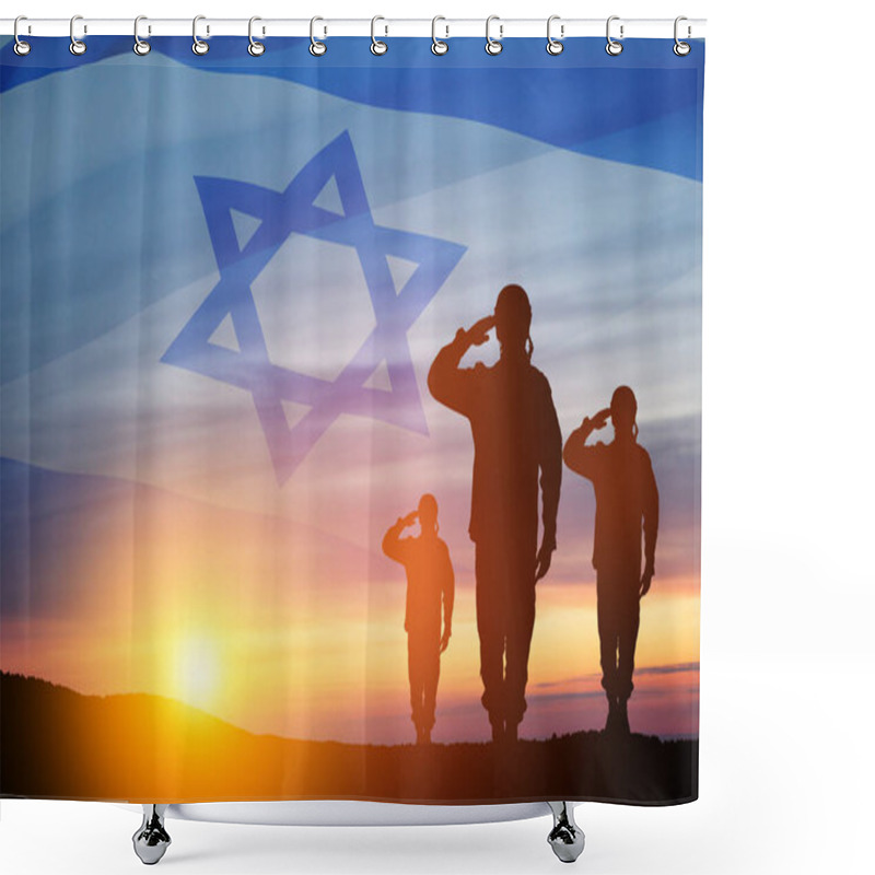 Personality  Silhouette Of Soldiers Saluting Against The Sunrise In The Desert And Israel Flag. Concept - Armed Forces Of Israel. Shower Curtains