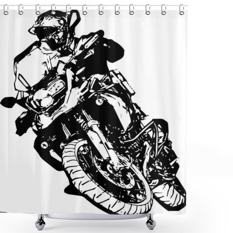 Personality  Biker On A Motorcycle Riding Fast On The Road. White Silhouette Of A Motorcyclist In A Helmet On A Bike On A Black Background. Shower Curtains