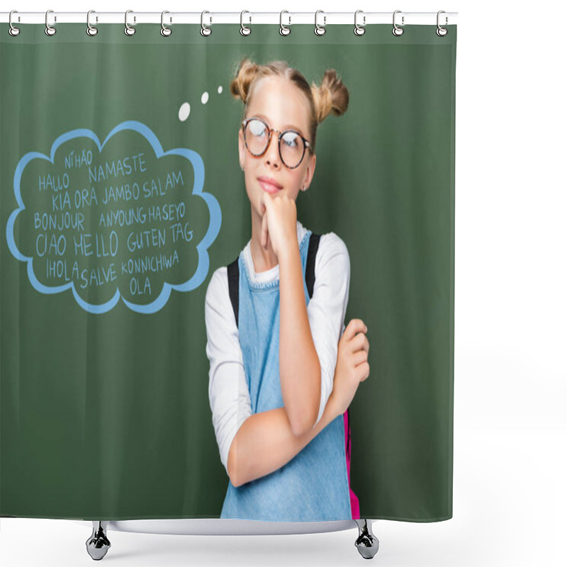 Personality  Pensive Schoolchild In Glasses Looking Up Near Blackboard With Words On Different Languages In Speech Bubble Shower Curtains