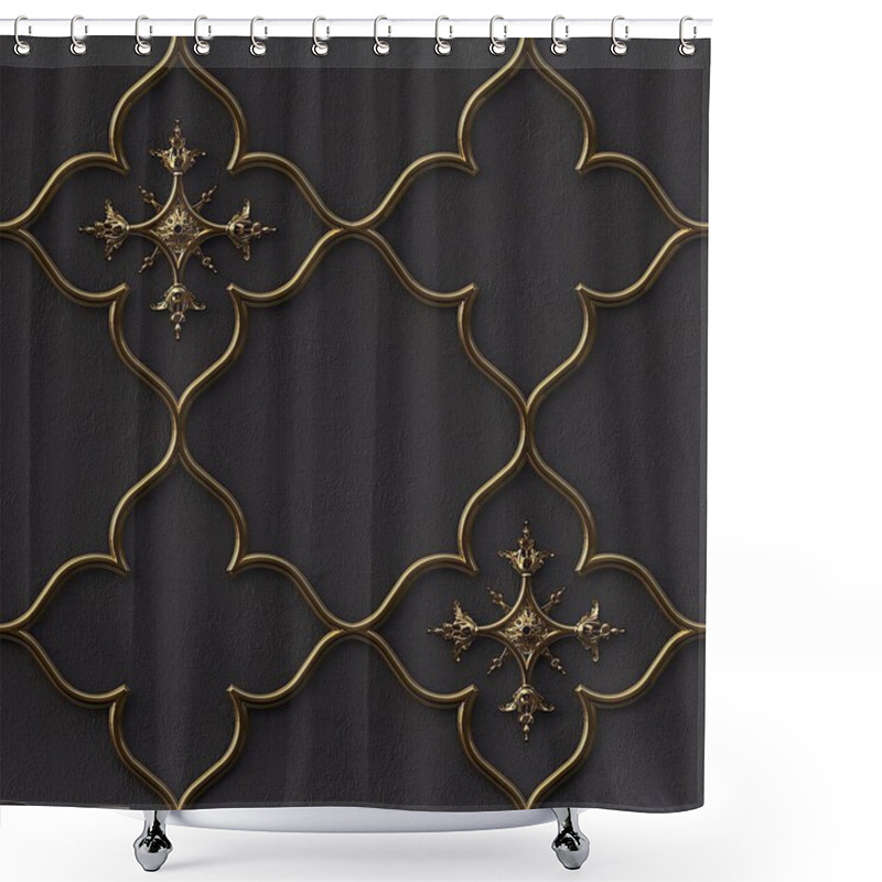 Personality  3D Illustration. Golden Geometric Ornament On A Black Embossed Background. Render. 3d Wall Texture. Abstract Background. Gold Lattice. Festive Background. Geometric Gold Ornament. Eastern Ornament.  Shower Curtains