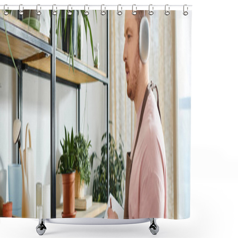 Personality  A Stylish Man Wearing Headphones Stands In Front Of A Shelf In A Plant Shop, Surrounded By Lush Greenery And Botanical Beauty. Shower Curtains