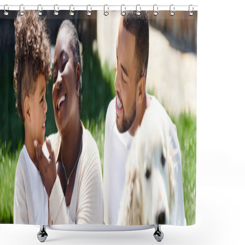 Personality  Family Portrait Of Cheerful African American Family Smiling And Sitting Near Dog On Backyard, Banner Shower Curtains