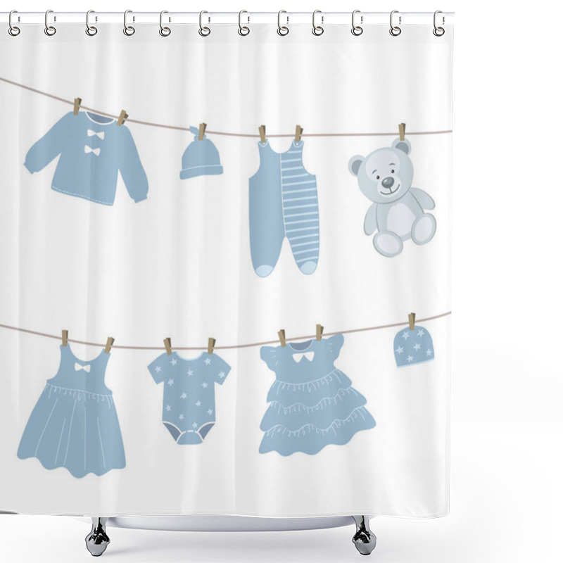 Personality  Baby Clothes Hang On The Clothesline. Things Are Dried On Clothespins After Washing. Vector Illustration In Blue Colors Shower Curtains