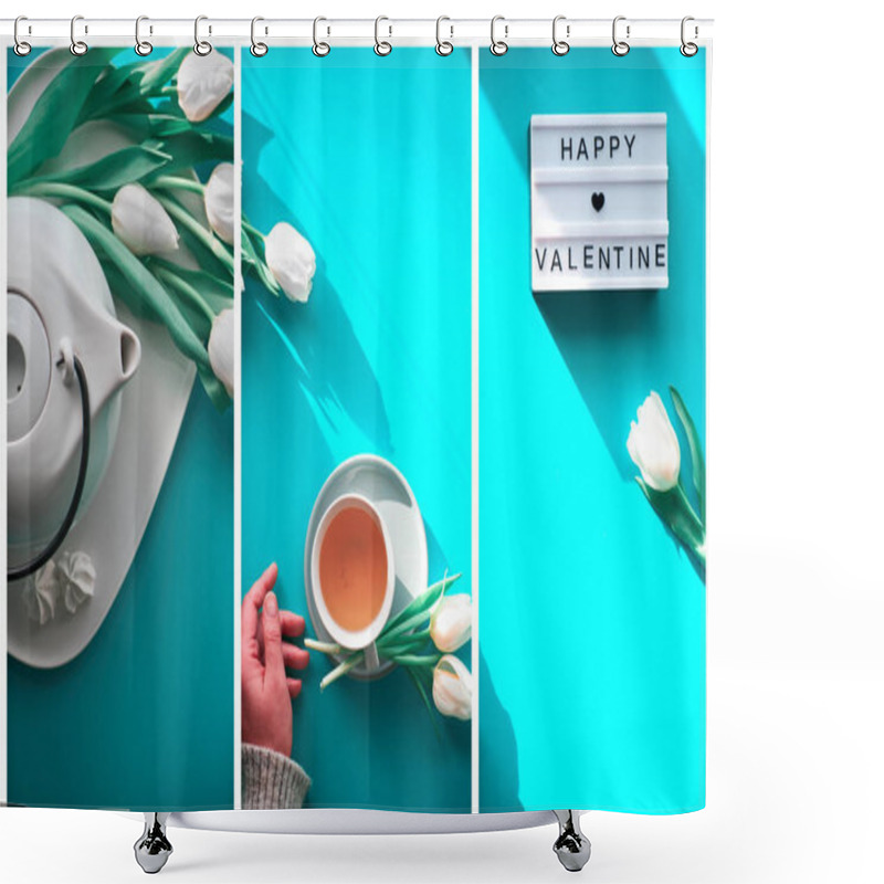 Personality  Collage, Composite Image. Spring Geometric Flat Lay. Female Hands Show Heart Shape Sign. Tea Cup, Tea Pot, Sweets, White Tulips On Blue Mint Table. Mother Day, International Women 8 March Background. Shower Curtains