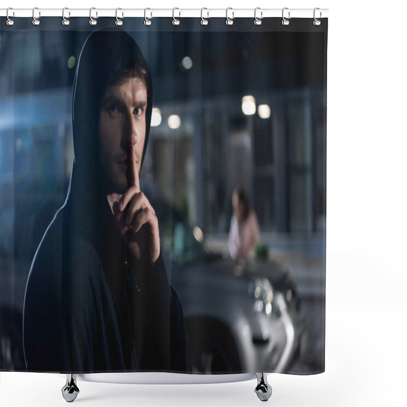 Personality  Selective Focus Of Thief Looking At Camera And Doing Silence Gesrure Shower Curtains