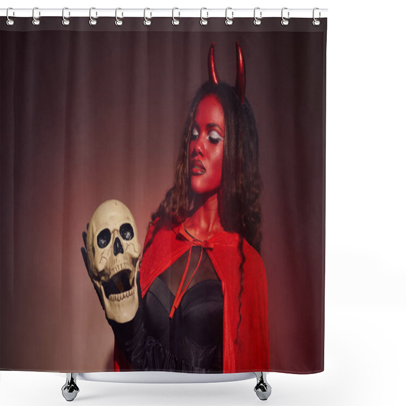 Personality  Dressed As A Devil, A Beautiful Woman Poses With A Skull, Radiating Halloween Charm And Allure. Shower Curtains