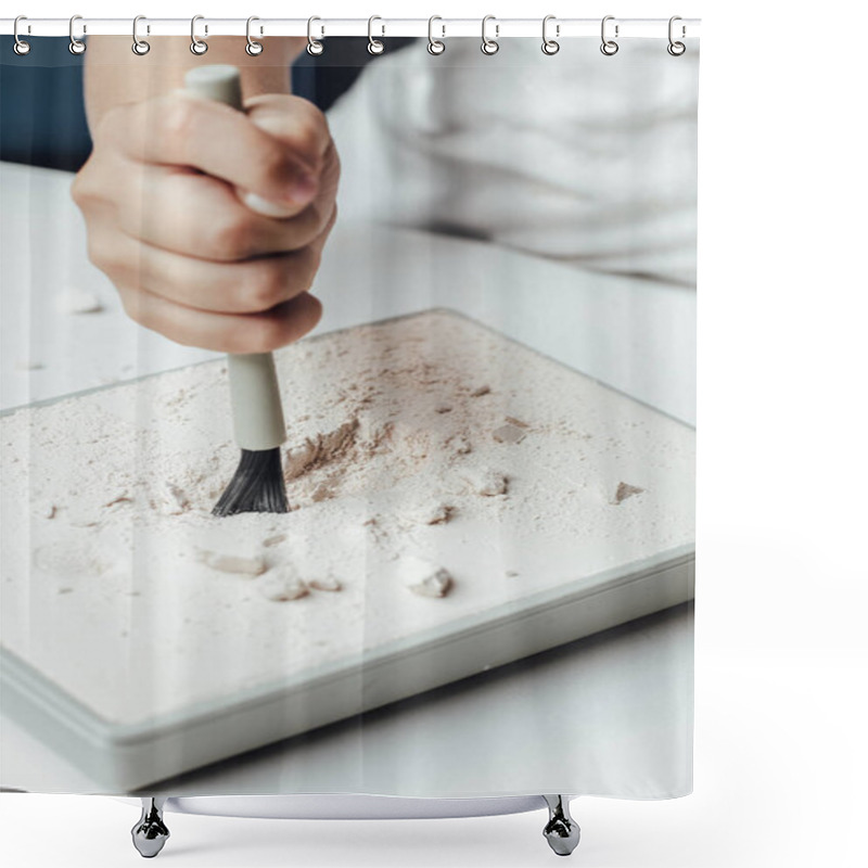 Personality  Skeleton And Archaeological Tools.Training For Dig Fossil.Simulated Same As Real Digging. Archaeological Tools, Archeaologist Working On Site, Close-up, Hand And Tool. Archaeological Excavations Close Up On A White Background. Dinosaur Skeleton Shower Curtains