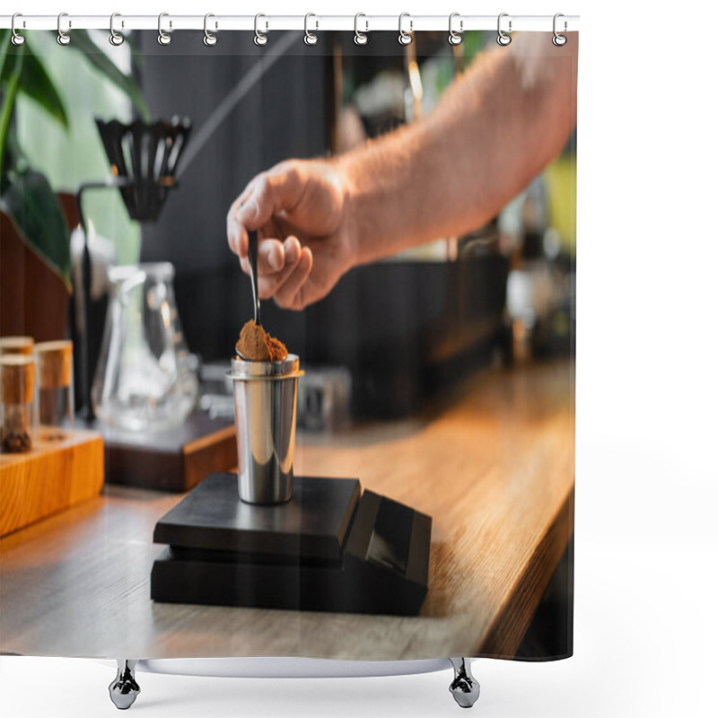 Personality  Cropped View Of Barista Pouring Coffee In Beaker On Electronic Scales Near Coffee Machine In Cafe Shower Curtains