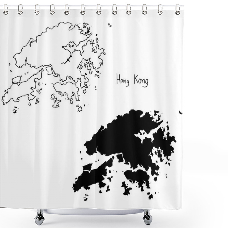 Personality  Outline And Silhouette Map Of Hong Kong - Vector Illustration Hand Drawn With Black Lines, Isolated On White Background Shower Curtains