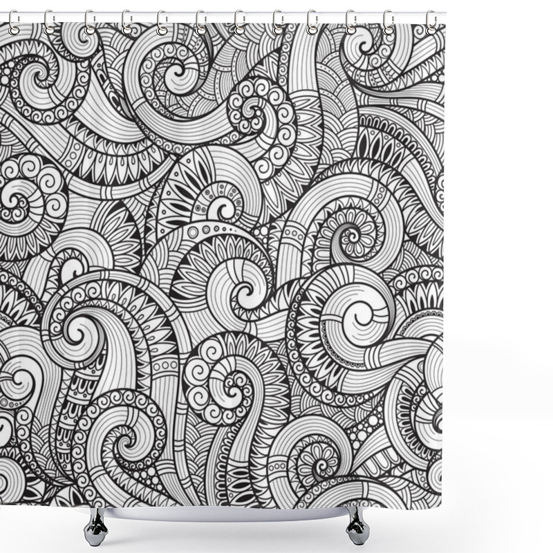 Personality  Seamless Black And White Abstract Hand-drawn Pattern, Waves Back Shower Curtains