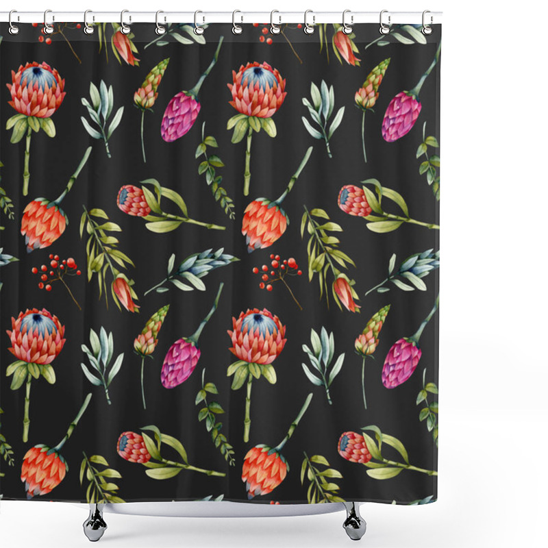 Personality  Watercolor Flourishing Protea, Green Branches And Red Berries Seamless Pattern, Hand Painted On A Dark Background Shower Curtains