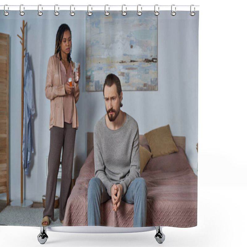 Personality  African American Woman Holding Pills And Glass Of Water, Looking At Stressed Man, Abortion Concept Shower Curtains