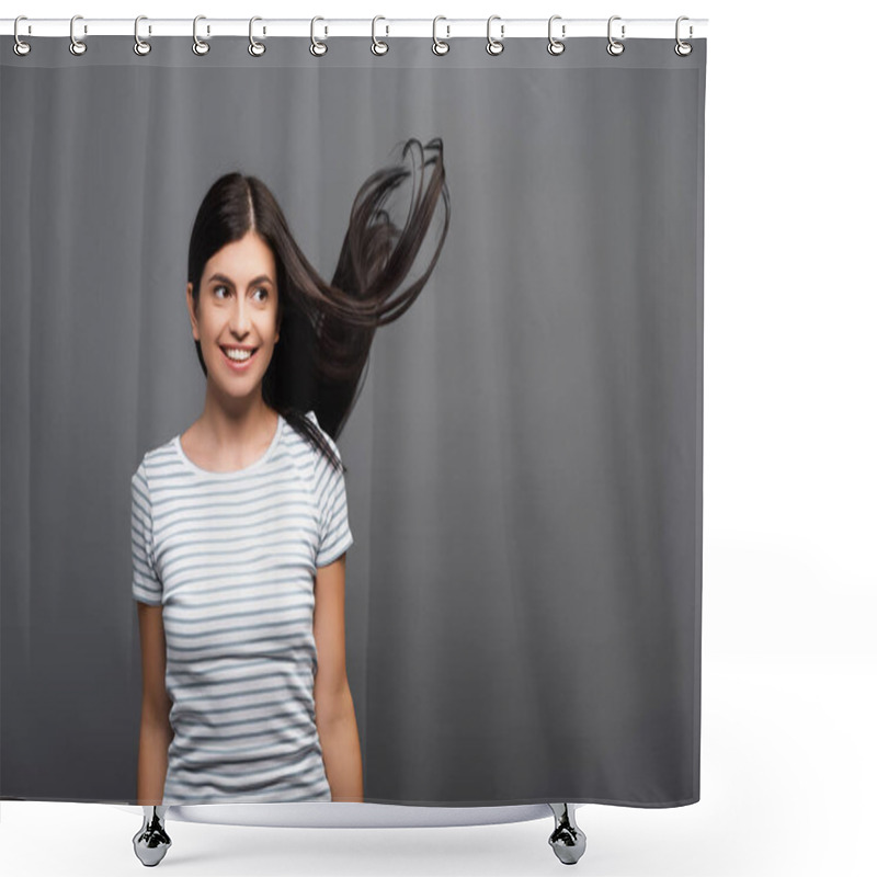 Personality  Brunette Long Haired Woman Smiling Isolated On Black Shower Curtains