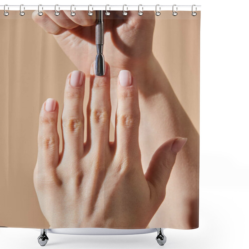 Personality  Partial View Of Woman Doing Manicure With Cuticle Pusher Isolated On Beige Shower Curtains