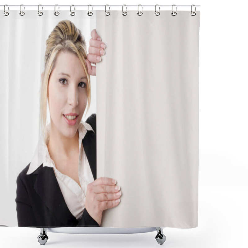 Personality  Young Attractive Woman (student,business Woman) In Dark Gray Blazer Is Holding A Blank Sign In The Camera,isolated Against A White Background. Shower Curtains