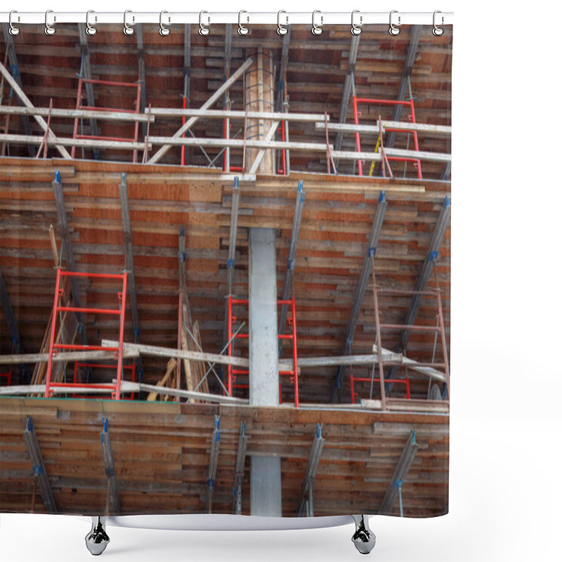 Personality  Close-up Of A Concrete Building Under Construction Featuring Wooden Forms And Support Structures, Highlighting Construction Techniques And Architectural Development. Shower Curtains