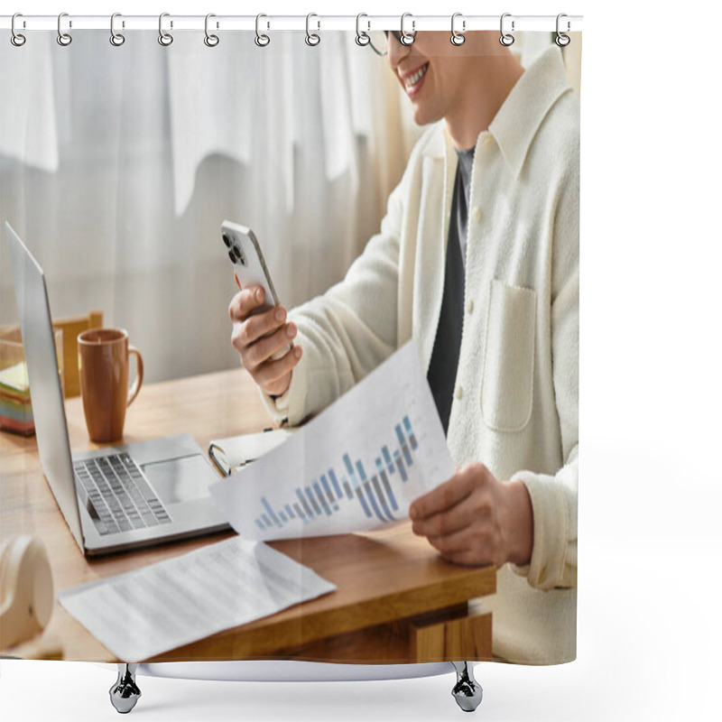 Personality  Cropped Guy In Casual Attire Engages In Remote Work While Examining Documents At Home. Shower Curtains