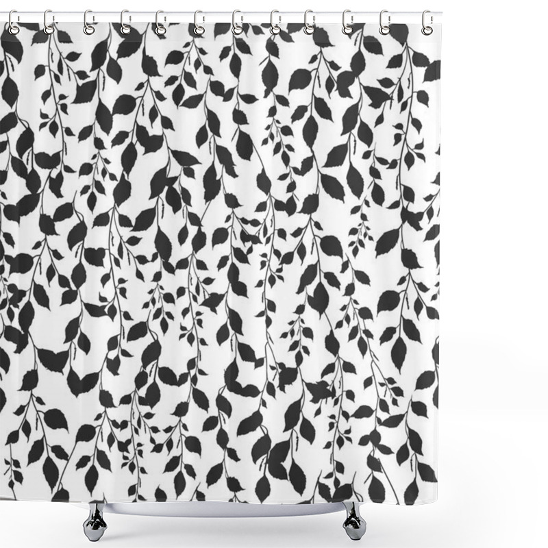 Personality  Birch Leaf Silhouette Pattern Black White Background Shower Curtains