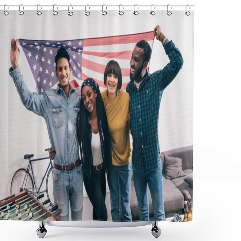 Personality  Young Multiethnic Friends With Flag Of USA Standing Near Table Football Board  Shower Curtains